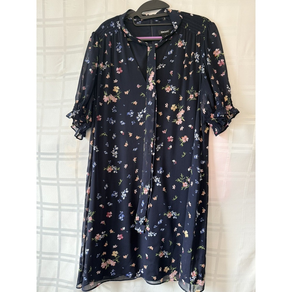DKNY Size 16 Women's Navy Blue With Flowers Mid length Dress